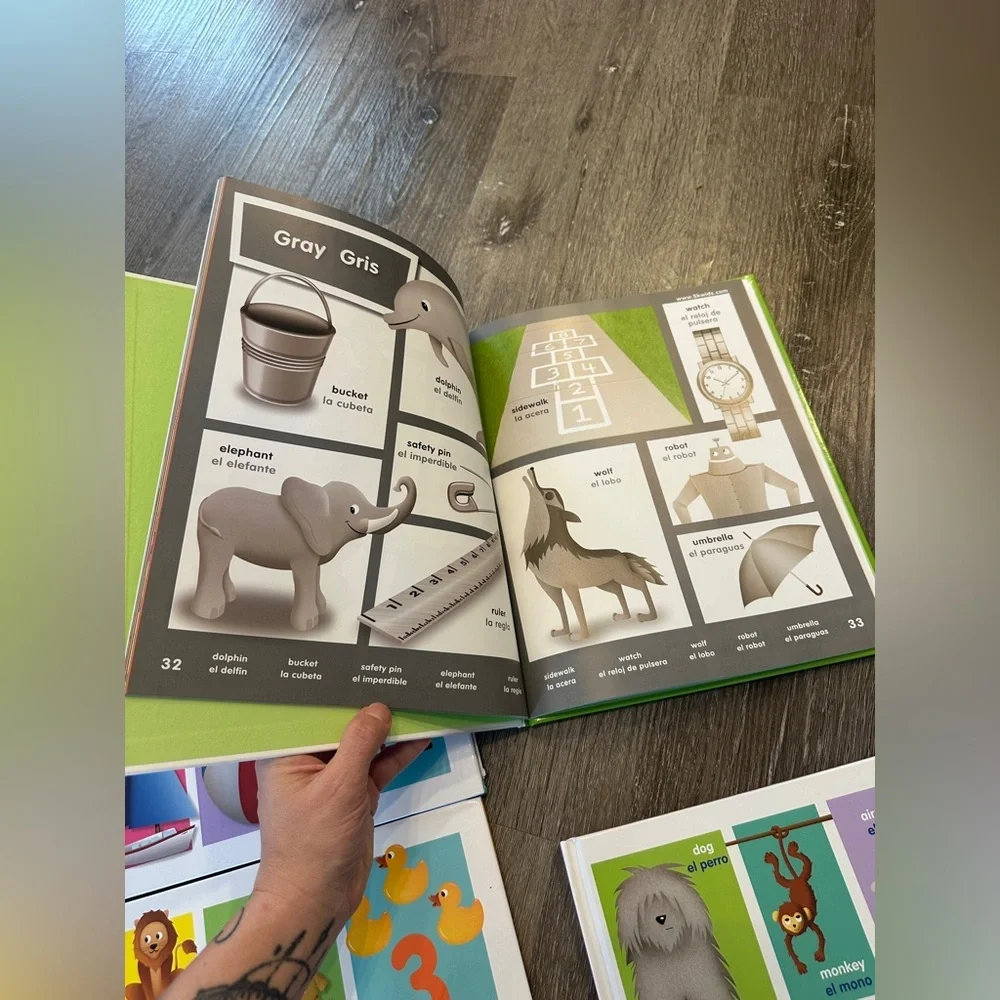 Children bilingual Spanish English learning books shapes, colors, words, numbers